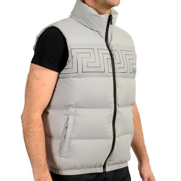 Versace Men's Gray Greca Print Down Sleeveless Jacket Puffer Vest US S IT 48